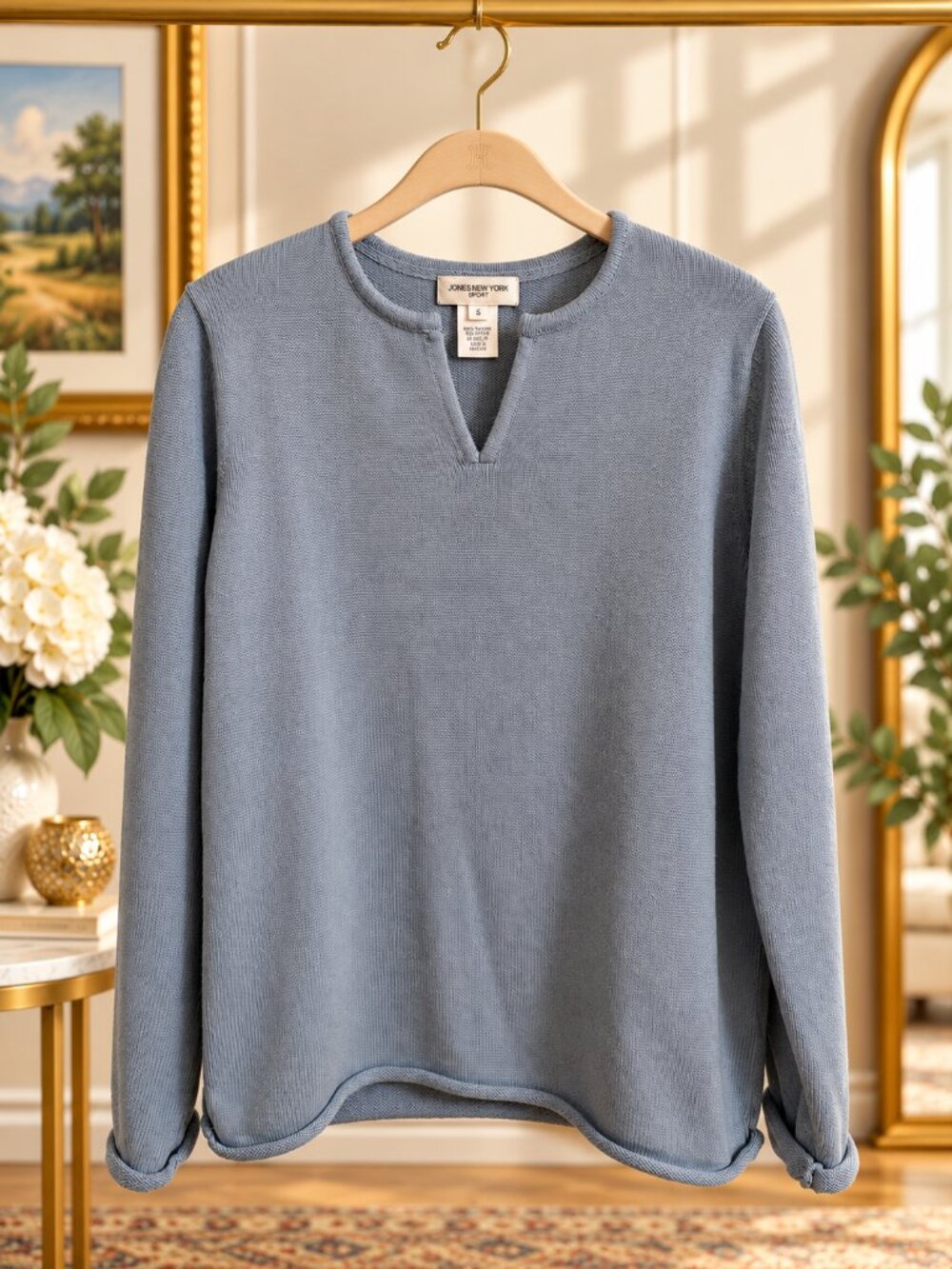 Jones New York Sport 100% Cotton Split Neck Sweater S Gray Made in Japan